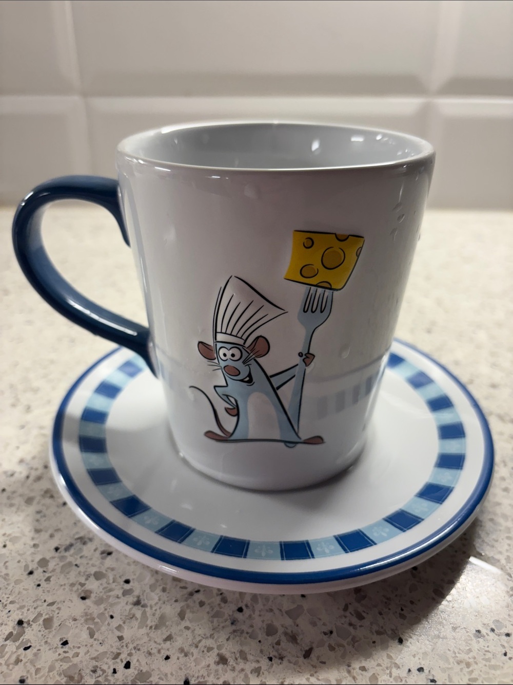 Disney Parks Ratatouille Blue-Handle Ceramic Coffee Mug with Saucer